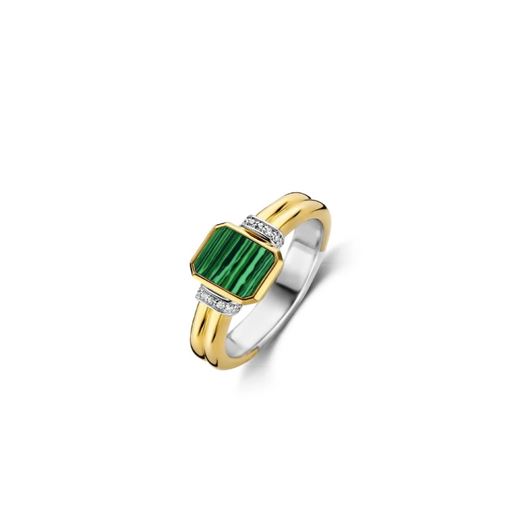 Foto de Anillo de plata con baño de oro y piedra color malaquita