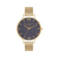 Foto de Reloj Olivia Burton esfera con purpurina. Reloj de malla dorada y azul marino de 34 mm