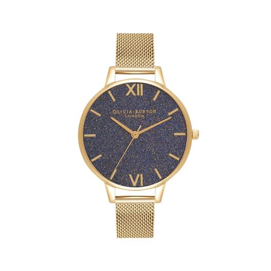 Picture of Reloj Olivia Burton esfera con purpurina. Reloj de malla dorada y azul marino de 34 mm