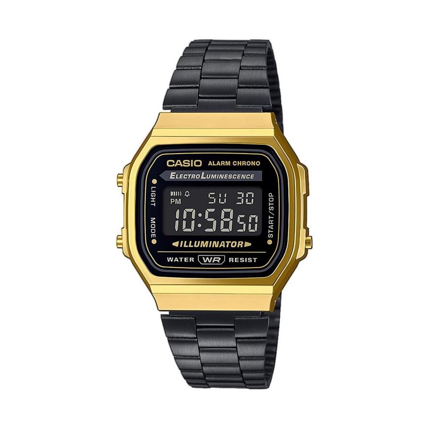 Foto de Reloj digital retro negro y dorado