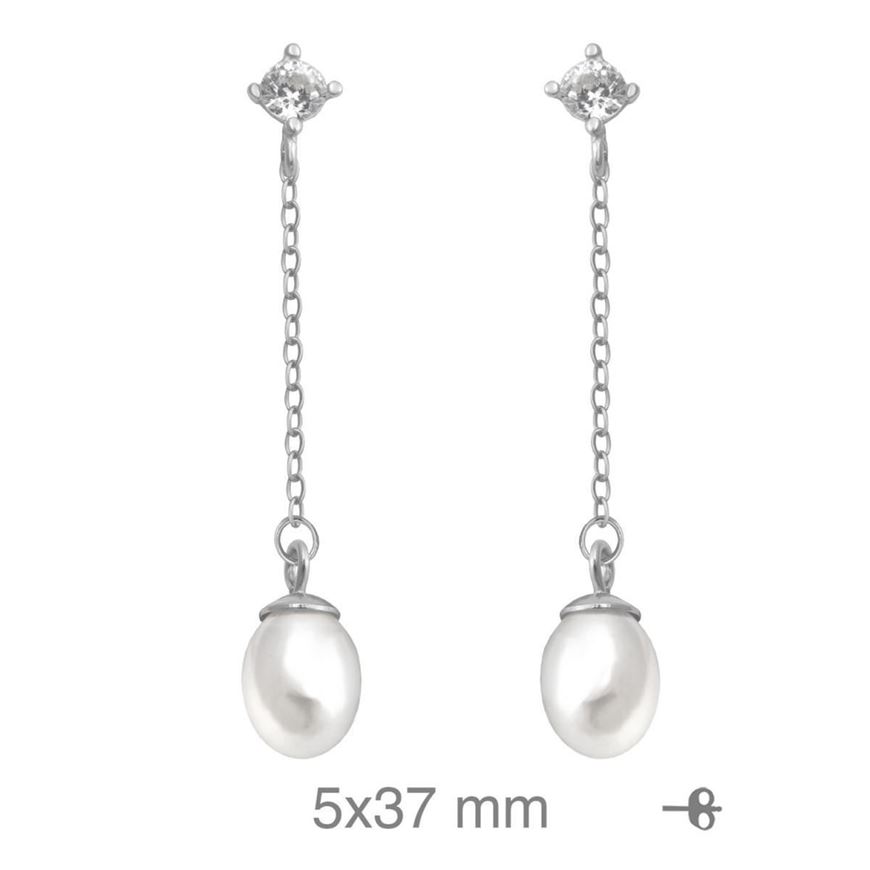 Picture of Pendientes cadena y perla con circonita de plata con baño de rodio