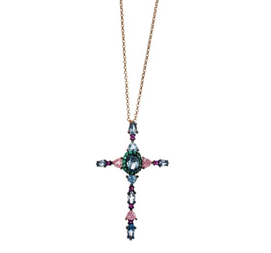 Foto de Collar cruz con cristal bianlan, circonita rubí y turmalina verde con baño de rutenio en las garras