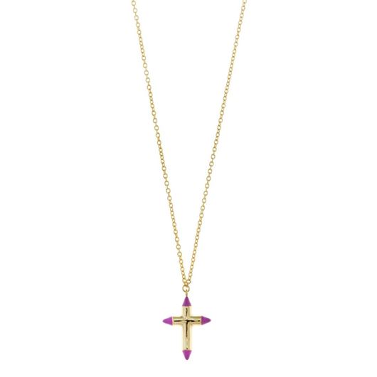 Foto de Collar cruz dorada con esmalte lavanda