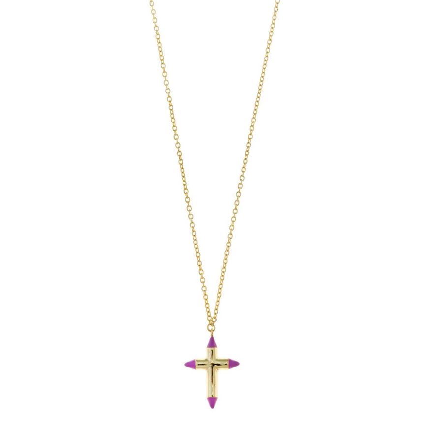 Foto de Collar cruz dorada con esmalte lavanda