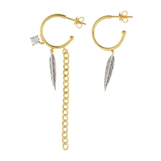 Foto de Pendientes aros dorados con cadena barbada y plumas estiladas en rodio y circonitas blancas