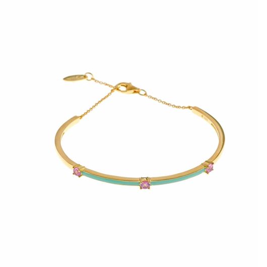 Foto de Pulsera caña con cadena y cierre en plata con baño de oro y esmalte turquesa con circonitas rosas