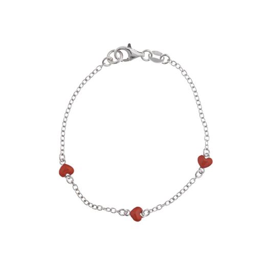 Foto de Pulsera de niña en plata con tres corazones en esmalte rojo