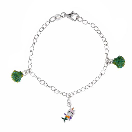 Foto de Pulsera de niña en plata con unicornio-sirena multicolor y conchas verdes