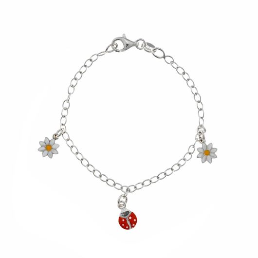 Foto de Pulsera plata baño rodio con mariquita y margaritas