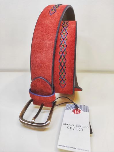 Picture of CINTURON BELLIDO SPORTWEAR PIEL TINTE ROJO CON MOTIVOS PESPUNTE VERDE/AZUL