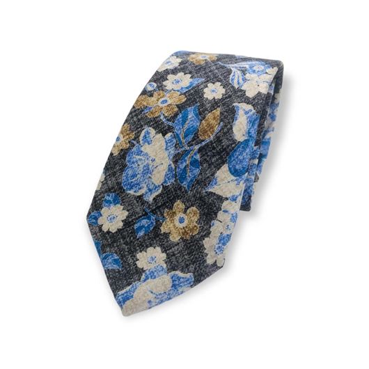 Picture of Corbata seda negro texturizado con estampado floral azul y marrón