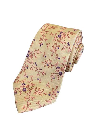 Foto de Corbata seda amarilla estampado floral rojo