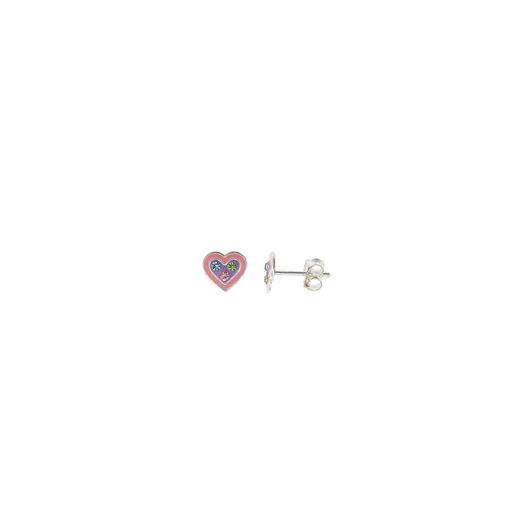 Foto de Pendientes de plata baño rodio corazón con esmalte rosa y circonitas multicolor