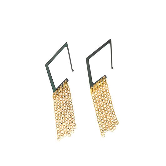 Foto de Pendientes aro de plata baño oro rombo esmaltado verde con cadenas