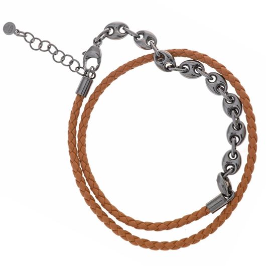 Picture of Pulsera doble de plata baño rutenio y cuero trenzado