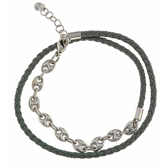 Foto de Pulsera doble de plata baño rodio y cuero trenzado verde