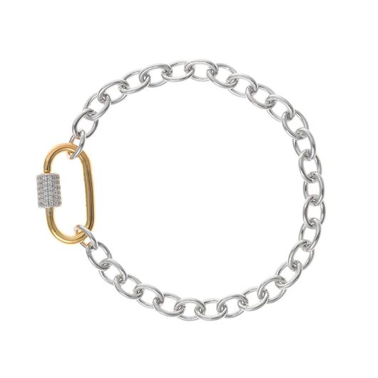 Foto de Pulsera de plata rodiada con eslabones oval y motivo centro bicolor
