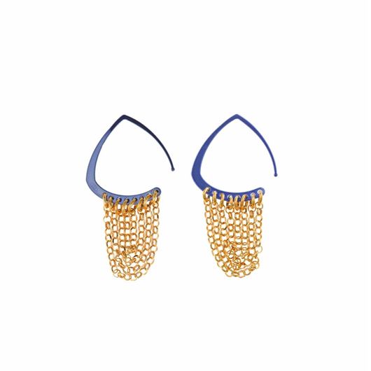 Picture of Pendientes plata baño oro con aro triangulo azul y cadenitas