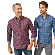 Foto de Camisa a cuadros rojo y azul con estampado floral azul