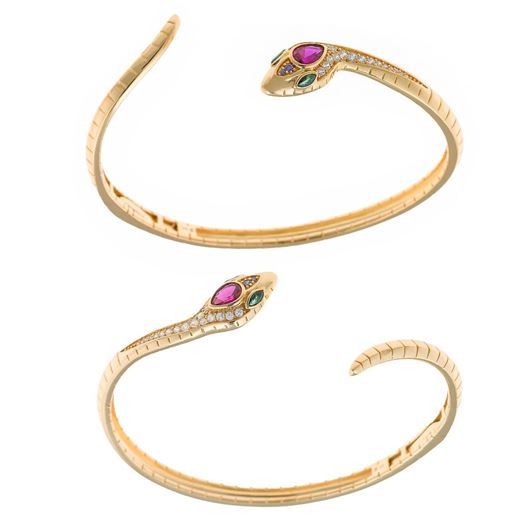 Picture of Pulsera caña de plata baño oro y cabeza de serpiente con circontias multicolor 6x5cm