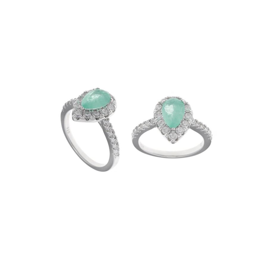 Foto de Anillo de plata baño rodio con lágrima verde menta hielo y circonitas