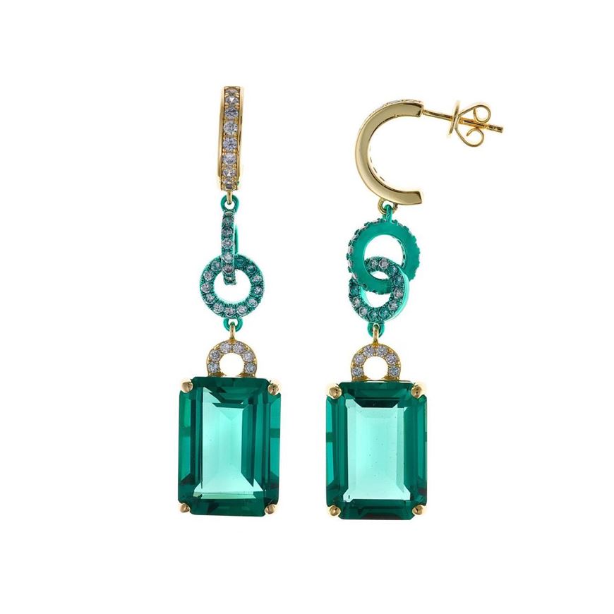 Foto de Pendientes de plata baño oro con cristales rectangulares verdes