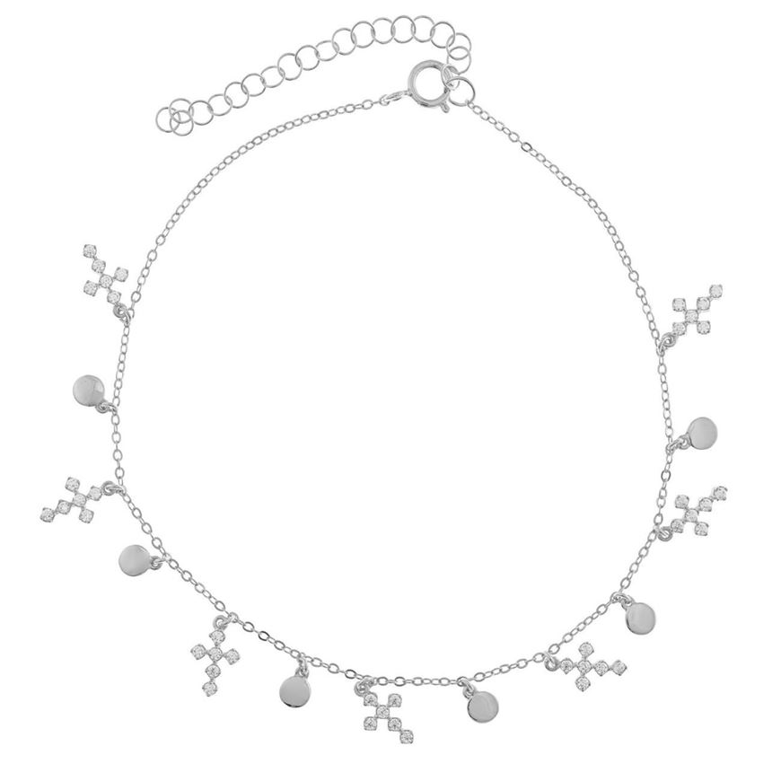 Foto de Tobillera de plata baño rodio con chapitas y cruces circonitas