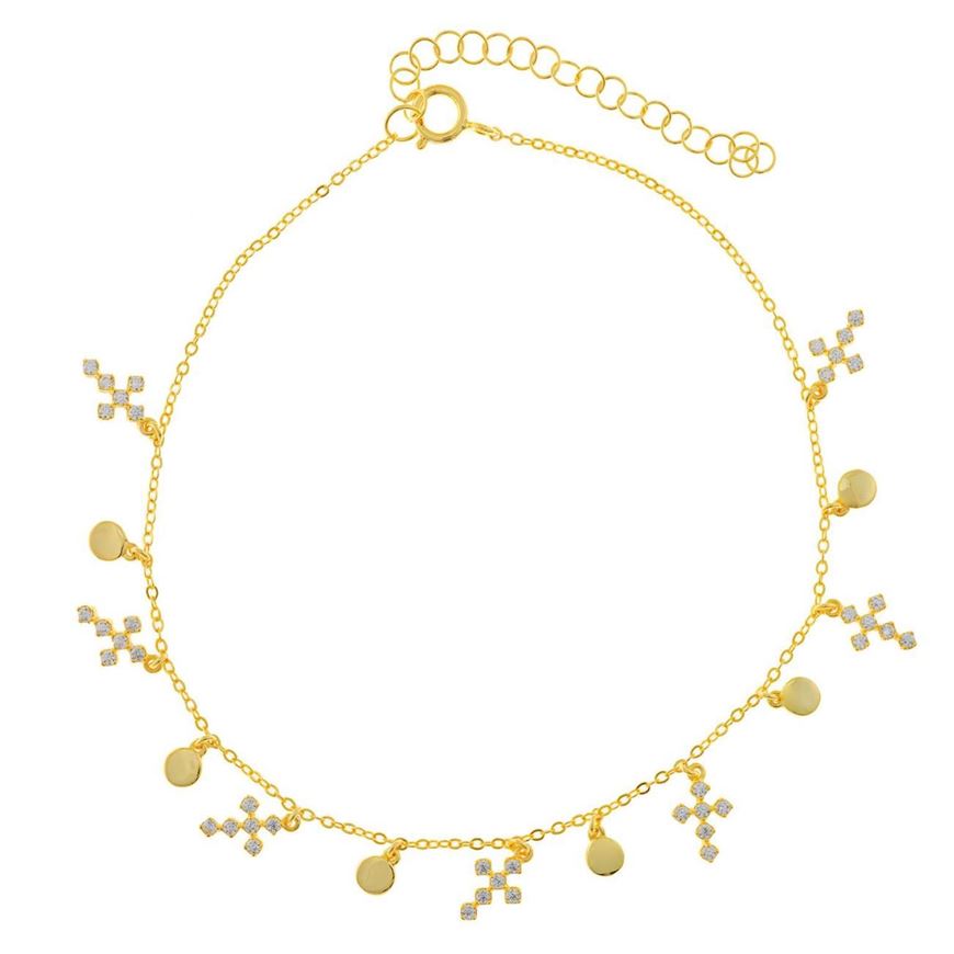 Picture of Tobillera de plata baño oro con chapitas y cruces circonitas