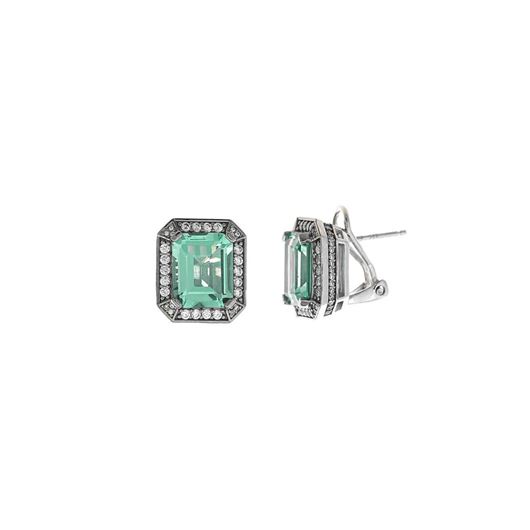 Foto de Pendientes de plata con baño de rutenio y circonita rectangular nano verde aqua