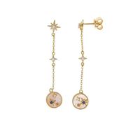 Picture of Pendientes largos dorados con circulo de nácar y circonitas multicolor