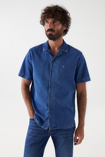Foto de Camisa denim lino y algodón azul manga corta