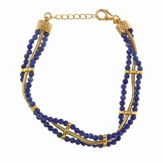 Picture of Pulsera triple de plata baño de oro y bolitas azules