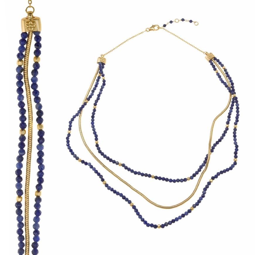 Foto de Collar triple de plata baño de oro con bolitas azules