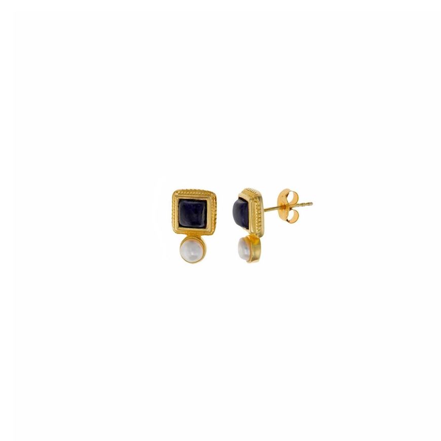 Foto de Pendientes de plata baño de oro con sodalita cuadrada y perla