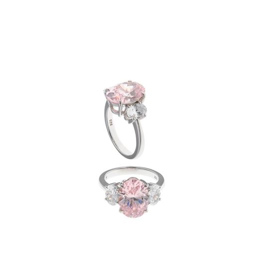 Foto de Sortija de plata baño rodio con circonita grande ovalada rosa