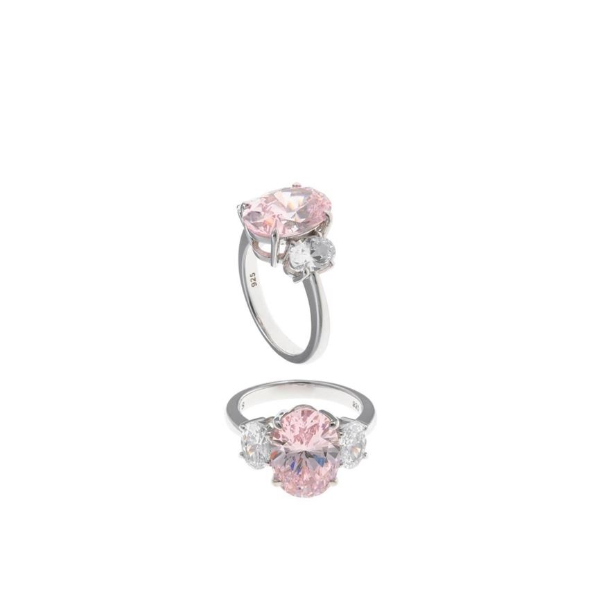 Foto de Sortija de plata baño rodio con circonita grande ovalada rosa