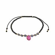 Picture of Pulsera Organic plata chapado dorado bolitas espinel esferas facetadas eolita circulos rubí pera hilo negro ajustable
