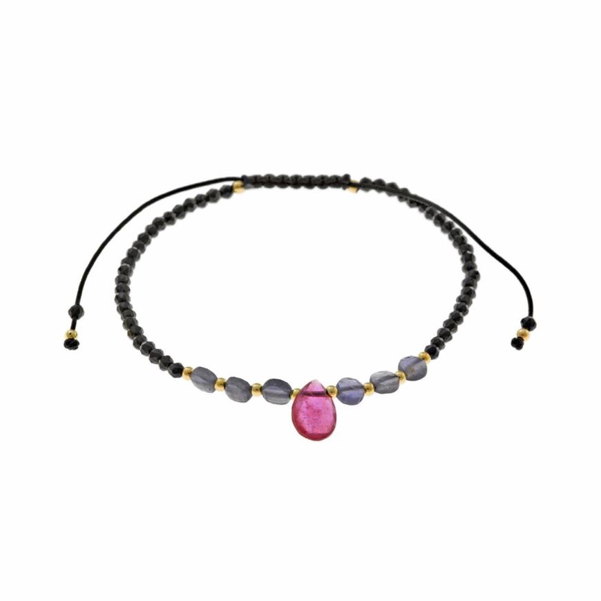 Picture of Pulsera Organic plata chapado dorado bolitas espinel esferas facetadas eolita circulos rubí pera hilo negro ajustable