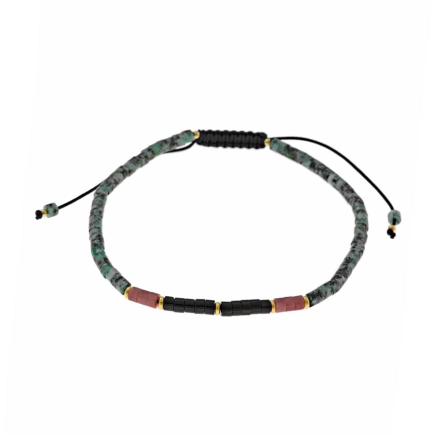 Picture of Pulsera Organic plata chapado dorado bolitas verde dametian rodonita y agatha negra discos hilo azul ajustable 