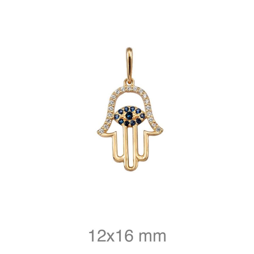 Picture of Colgante mano de fátima en oro amarillo 18kt y circonitas blancas y azules