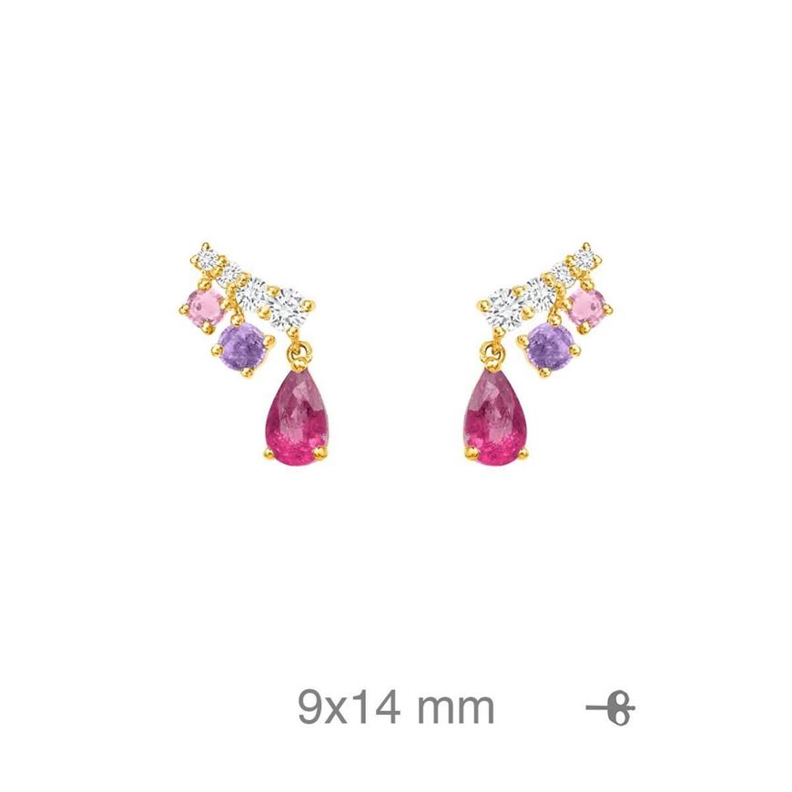 Foto de Pendientes en plata baño oro, circonitas tonos malva y fucsia