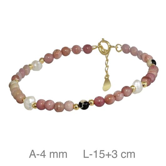 Picture of Pulsera de plata baño oro con perlas y piedras color rosado