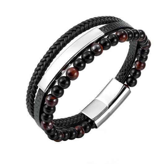 Picture of Pulsera de cuero negro y acero con placa y bolitas