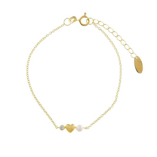 Foto de Pulsera de plata baño oro perlita, circonita y corazón
