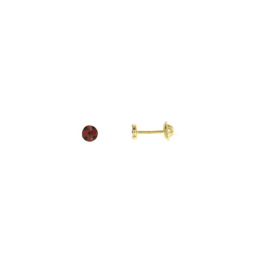 Foto de Pendientes de bebé plata baño oro círculo esmaltado rojo con topitos negros 