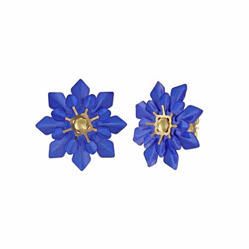 Foto de Pendientes de plata baño de oro diamantado flor azul
