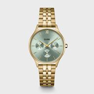 Foto de Reloj Cluse multifunción Minuit de acero, color verde salvia y dorado
