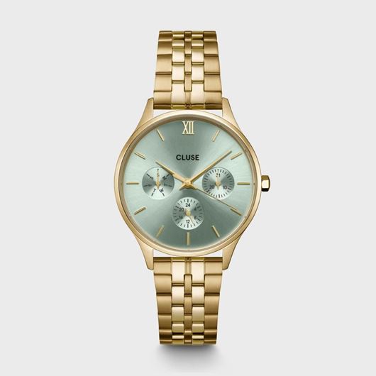 Foto de Reloj Cluse multifunción Minuit de acero, color verde salvia y dorado