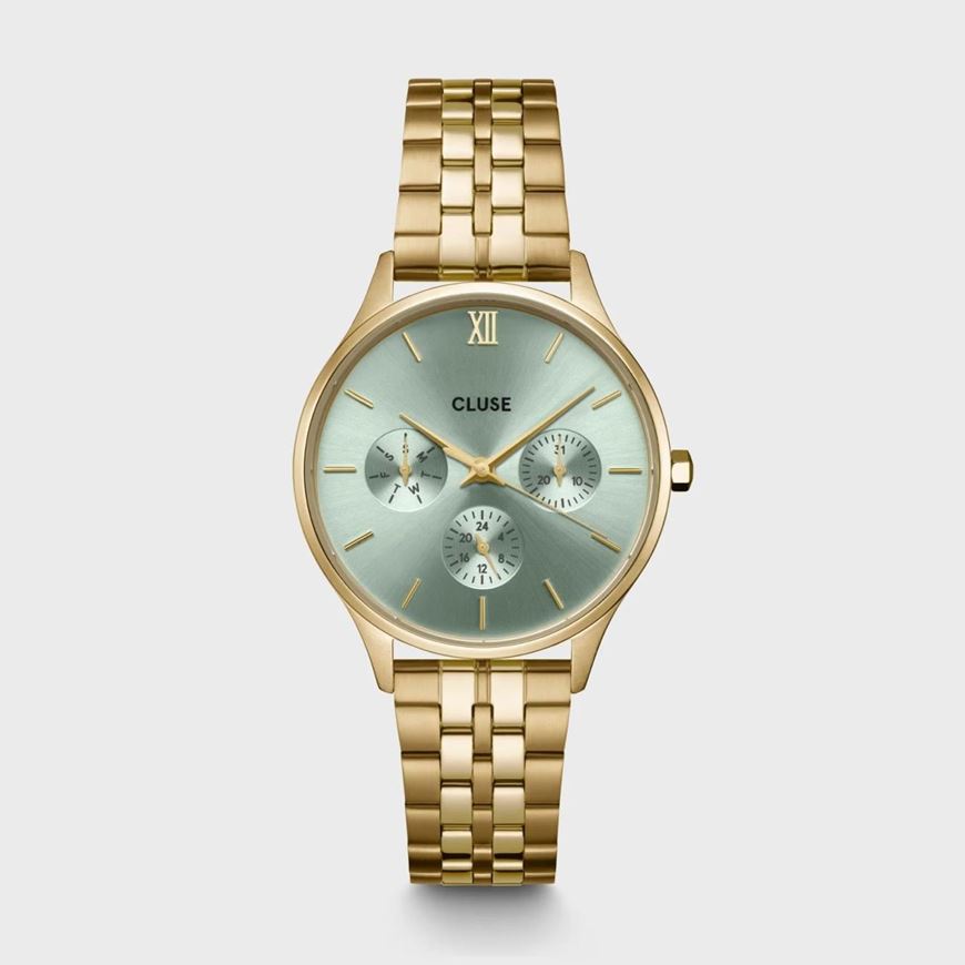 Foto de Reloj Cluse multifunción Minuit de acero, color verde salvia y dorado
