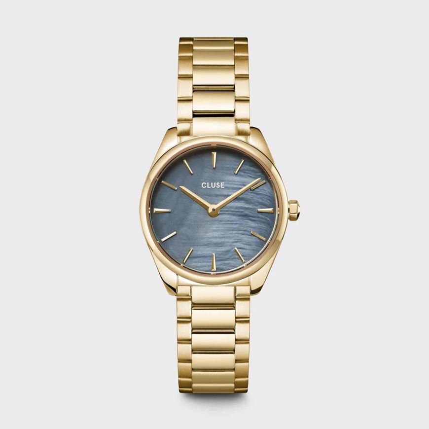 Foto de Reloj Cluse Féroce Mini de acero, color azul perla y dorado